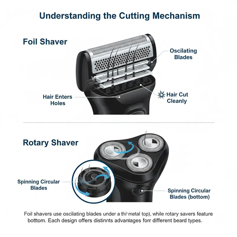 How rotary and foil electric shavers work diagram with cutting mechanism illustration