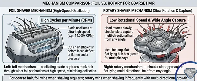 Foil vs rotary electric shaver mechanism for coarse hair - showing linear oscillating blade capturing thick hair through perforated foil versus circular rotary slot capturing multi-directional wiry hair