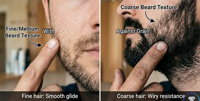 How to identify coarse beard hair, running finger against grain of thick wiry stubble showing hair resistance compared to fine hair