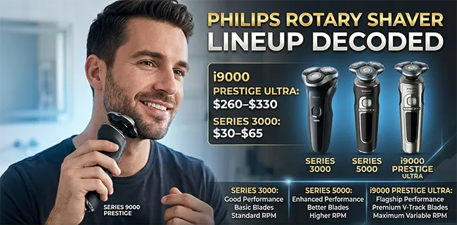 Philips rotary shaver lineup decoded: from the flagship i9000 Prestige Ultra ($260–330) down to the budget Series 3000 ($30–65). All models use the same circular rotary mechanism - the key differences are motor RPM and blade system.