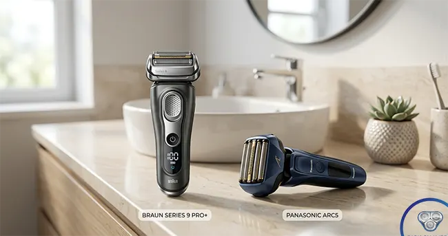 Best electric shavers for daily use 2026, Braun Series 9 Pro+ and Panasonic Arc5 on bathroom counter ready for morning shaving routine