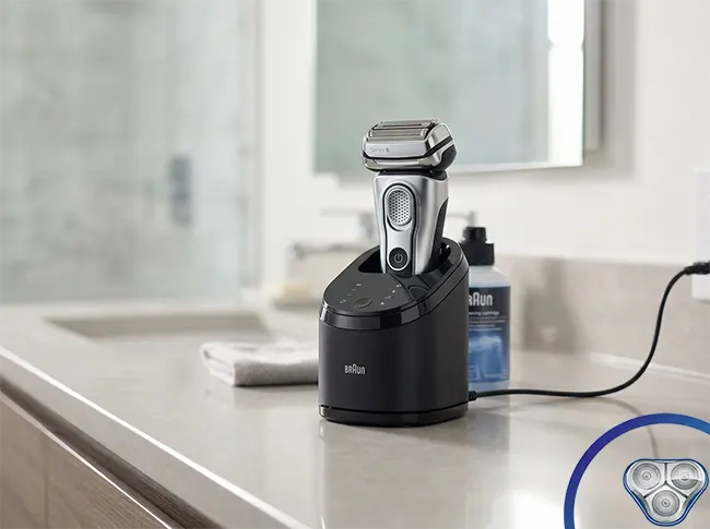 Braun Series 9 Pro+ daily use electric shaver with SmartCare cleaning station showing morning routine setup on bathroom counter
