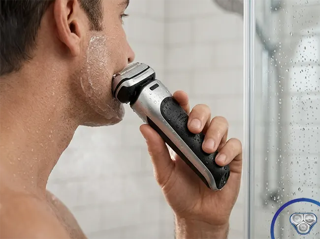 Braun Series 9 Pro+ IPX7 waterproof electric shaver in shower with thin clear shaving gel for wet shaving, SkinGuard prevents blade contact with skin