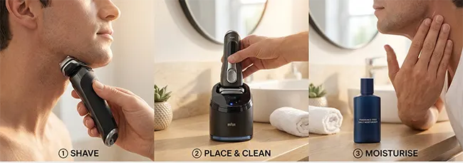Daily electric shaving morning routine, shaver in cleaning station overnight charging, morning shave in bathroom, applying moisturiser post-shave