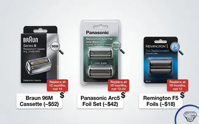 Electric shaver replacement blade cassette schedule for thick beard users, showing accelerated replacement timing versus standard manufacturer recommendation for dense heavy beard