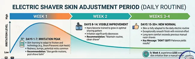 Electric shaver skin adjustment period timeline, showing week 1 irritation peak, week 2 improvement, week 3-4 new normal for daily electric shaving routine