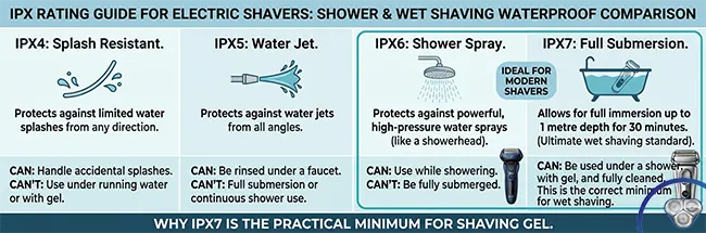 IPX rating guide for electric shavers - IPX4 splash resistant vs IPX5 water jet vs IPX6 shower spray vs IPX7 full submersion waterproof comparison