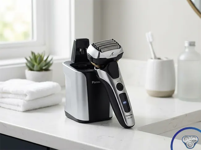Panasonic Arc5 ES-LV97 daily use foil electric shaver showing 5-blade Nanotech head and 16-direction flex for fastest morning shave on 1-day stubble