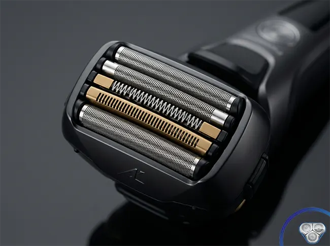 Panasonic Arc6 ES-LS9A six-blade foil shaver showing titanium thick-stubble foil elements for thick wiry dense beard hair maximum CPM cutting power