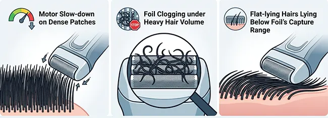 Thick beard shaving problems, foil shaver struggling with dense flat-lying beard hairs on neck showing why standard shavers fail on heavy multi-day growth