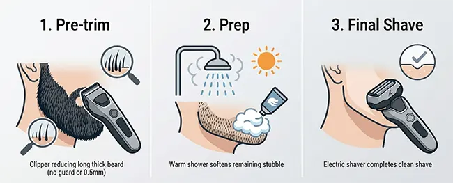 Beard trimmer plus electric shaver workflow for thick beard, showing clipper pre-trim step followed by foil electric shaver for clean result on dense heavy beard