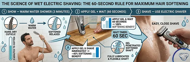 Wet electric shaving science, warm water softening hair cuticle for 3 minutes before shaving gel applied for 60 seconds before using electric foil shaver