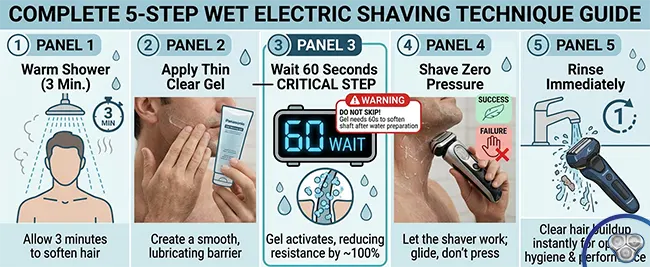 Complete wet electric shaving technique guide, warm shower 3 minutes, apply thin clear gel, wait 60 seconds, shave zero pressure, rinse immediately