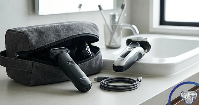 Best travel electric shavers 2026 - Panasonic ES-CM3A compact USB-C shaver and Panasonic Arc5 Palm in travel bag for carry-on grooming