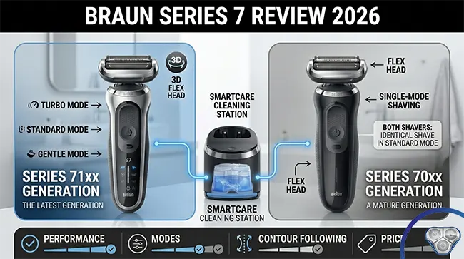 Braun Series 7 360-degree flex head showing two-plane movement, front-to-back tilt and left-to-right lateral movement for jaw and chin contour following