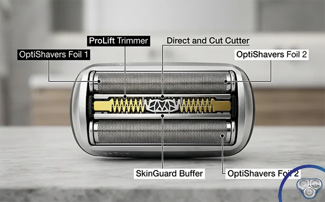 Braun Series 9 Pro+ 96M cassette showing all 5 cutting elements annotated - ProLift trimmer, Direct and Cut cutter, two OptiShavers foils, SkinGuard buffer