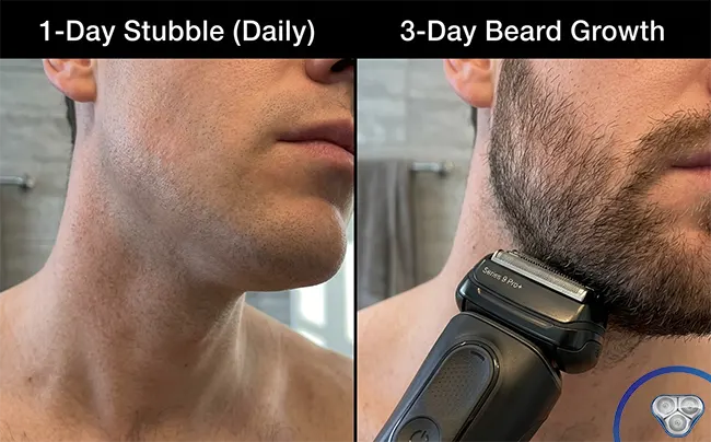 Braun Series 9 Pro+ shaving performance close-up showing clean shave result on 3-day beard growth versus daily 1-day stubble result