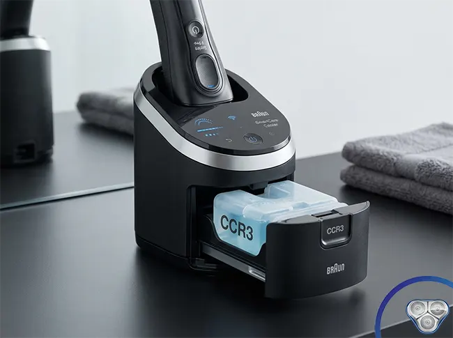 Braun Series 9 Pro+ SmartCare Center 6-in-1 cleaning station showing alcohol cleaning solution cartridge and charging base for daily maintenance