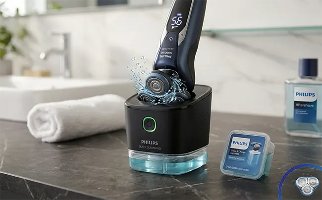 Philips Norelco 9000 series Quick Clean Pod cleaning system showing cartridge and shaver head placement for one-touch cleaning