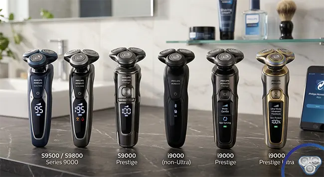Philips Norelco 9000 Series review 2026 - 9500 and 9800 models alongside S9000 Prestige and i9000 Prestige Ultra showing full lineup comparison