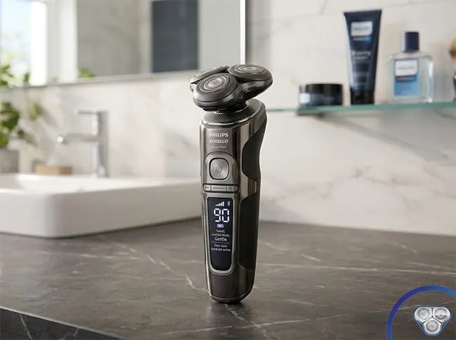 Philips Norelco 9500 S9985 rotary electric shaver review 2026 showing SH91 three-head rotating system and SenseIQ technology