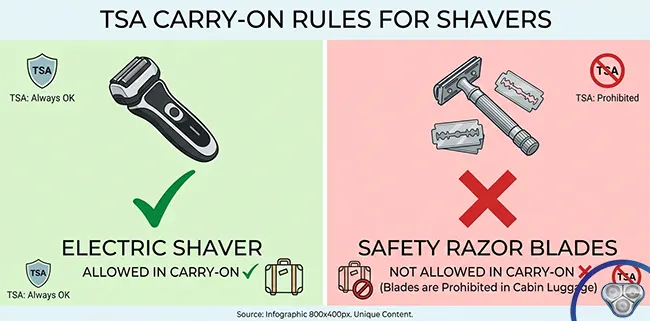 TSA carry-on luggage rules for shavers, electric shaver always allowed in carry-on, safety razor blade prohibited in carry-on luggage